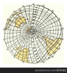 Magnetic meridians and isoclines or lines of equal magnetic inclination, vintage engraved illustration. From the Universe and Humanity, 1910.