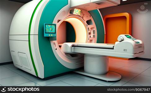 Magnetic resonance imaging scan machine MRI CT in Hospital interior. Generative AI. High quality illustration. Magnetic resonance imaging scan machine MRI CT in Hospital interior. Generative AI