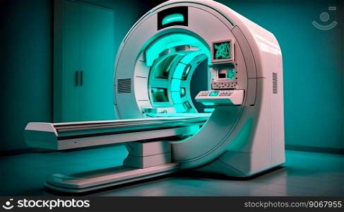 Magnetic resonance imaging scan machine MRI CT in Hospital interior. Generative AI. High quality illustration. Magnetic resonance imaging scan machine MRI CT in Hospital interior. Generative AI