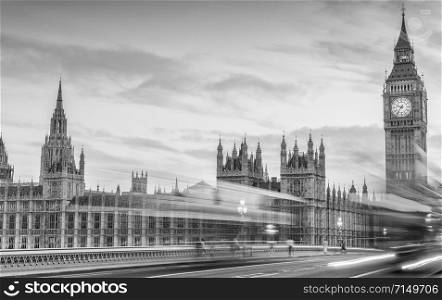 Magnificent black and white view of Westminster traffic in the night, London.