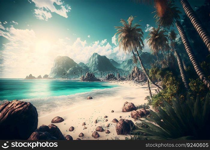 Magnificent Seychelles or Maldives mood. Luxury getaway place with palm trees and sea water. Neural network AI generated art. Magnificent Seychelles or Maldives mood. Luxury getaway place with palm trees and sea water. Neural network generated art