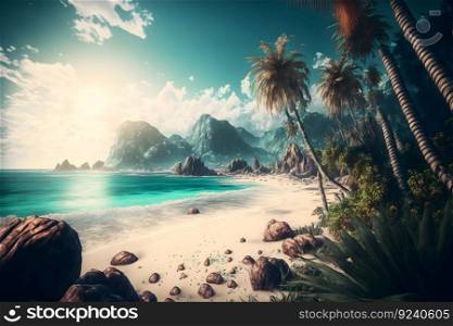 Magnificent Seychelles or Maldives mood. Luxury getaway place with palm trees and sea water. Neural network AI generated art. Magnificent Seychelles or Maldives mood. Luxury getaway place with palm trees and sea water. Neural network generated art