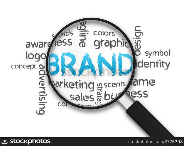 Magnified Brand word illustration on white background.