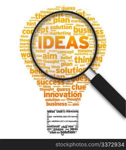Magnified illustration with a light bulb and the word ideas on white background.