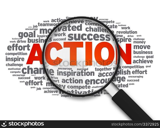Magnified illustration with the word Action on white background.