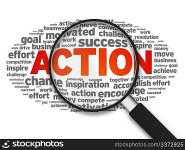 Magnified illustration with the word Action on white background.