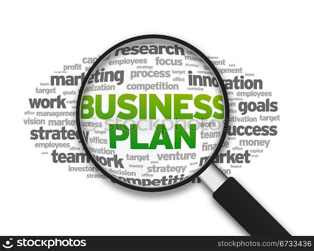 Magnified illustration with the word Business Plan on white background.