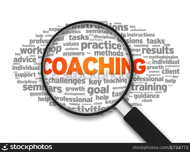 Magnified illustration with the word Coaching on white background.