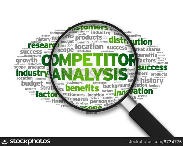 Magnified illustration with the word Competitor Analysis on white background.