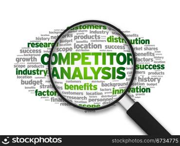 Magnified illustration with the word Competitor Analysis on white background.
