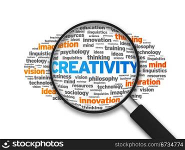 Magnified illustration with the word Creativity on white background.