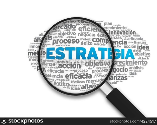 Magnified illustration with the word Estrategia on white background.
