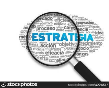 Magnified illustration with the word Estrategia on white background.