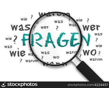 Magnified illustration with the word Fragen on white background.