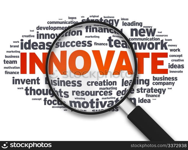 Magnified illustration with the word innovate on white background.