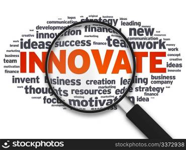Magnified illustration with the word innovate on white background.