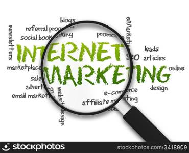 Magnified illustration with the word Internet Marketing on white background.