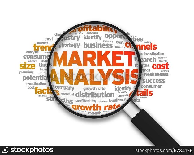 Magnified illustration with the word Market Analysis on white background.