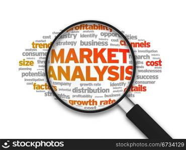 Magnified illustration with the word Market Analysis on white background.