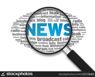 Magnified illustration with the word news on white background.