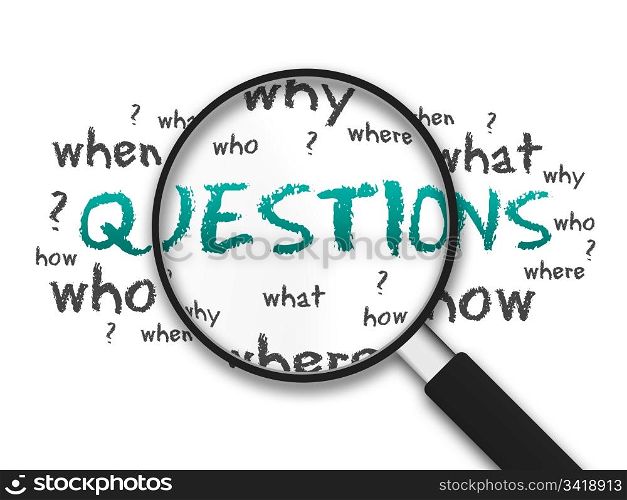 Magnified illustration with the word Questions on white background.