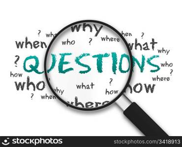 Magnified illustration with the word Questions on white background.