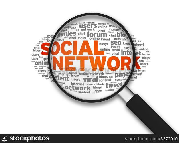 Magnified illustration with the word Social Network on white background.