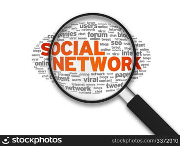 Magnified illustration with the word Social Network on white background.