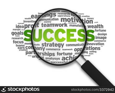 Magnified illustration with the word success on white background.