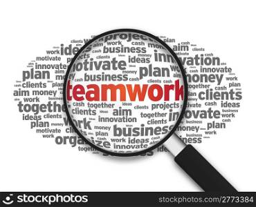 Magnified illustration with the word Teamwork on white background.