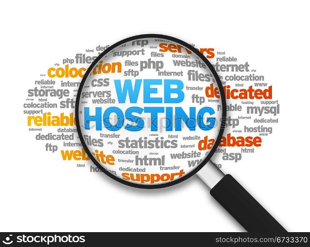 Magnified illustration with the word Web Hosting on white background.