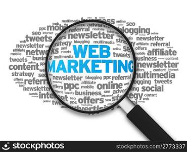 Magnified illustration with the word Web Marketing on white background.
