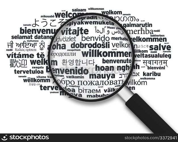 Magnified illustration with the word welcome in different languages on white background.