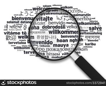Magnified illustration with the word welcome in different languages on white background.