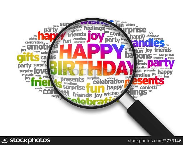 Magnified illustration with the words Happy Birthday on white background.