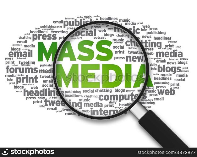 Magnified illustration with the words Mass Media on white background.