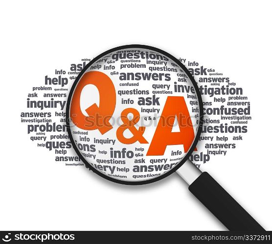 Magnified illustration with the words Q&A on white background.