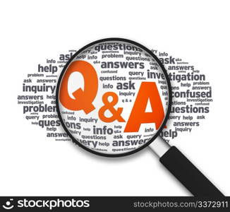 Magnified illustration with the words Q&A on white background.