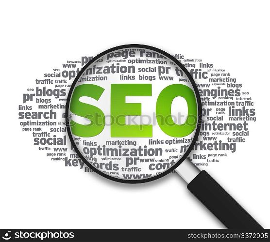 Magnified illustration with the words SEO on white background.