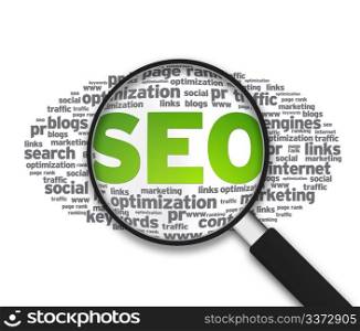 Magnified illustration with the words SEO on white background.