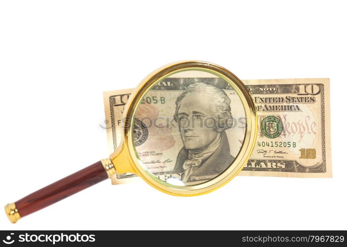 magnified twenty dollar bill isolated on white