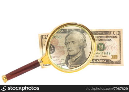 magnified twenty dollar bill isolated on white