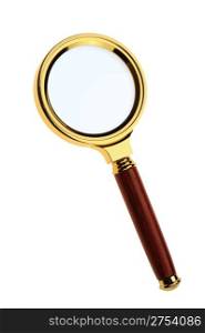 Magnifier. A gold frame, the wooden handle it is isolated on a white background.