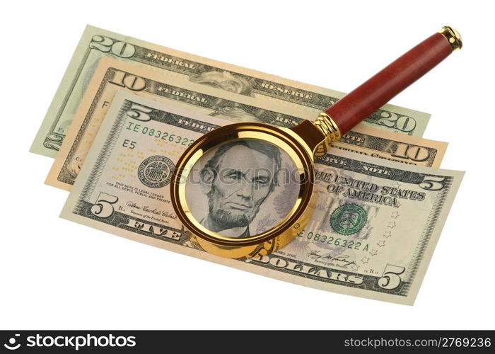 Magnifier and money are isolated on a white background