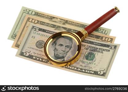Magnifier and money are isolated on a white background