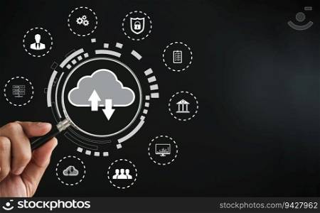 Magnifier glass highlights cloud big data, exemplifying digital network connection and modern communication. Innovative online backup with secure protection. Showcasing the cloud computing concept.