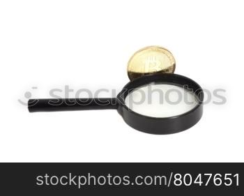 Magnifier glass with golden bitcoin coin isolated on white background