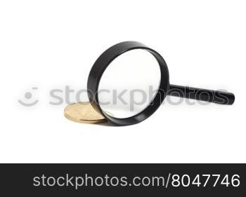 Magnifier glass with golden bitcoin coin isolated on white background
