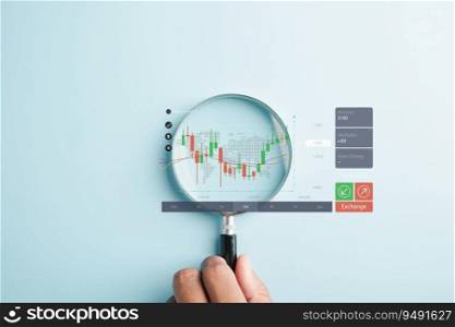 Magnifier glass zooms in on the bar graph with an increasing arrow, illustrating the detailed analysis of stock market trends. Business investment earning income concept. analysis technical graph