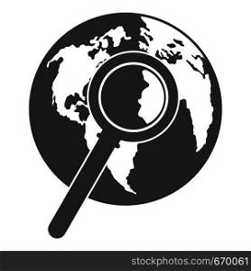 Magnifier on earth icon. Simple illustration of magnifier on earth vector icon for web. Magnifier on earth icon, simple style.